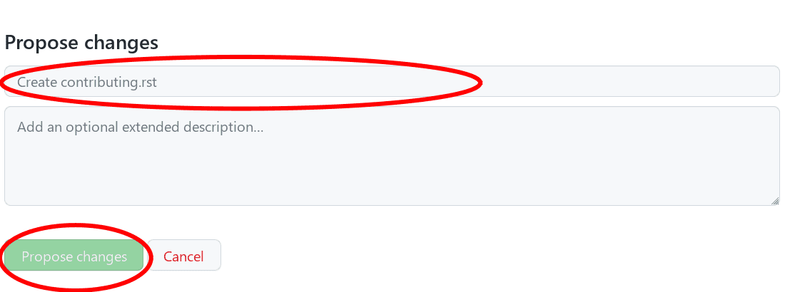 The commit creation screen in GitHub, with the commit title and "Propose changes" button circled