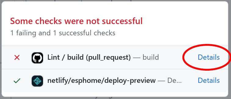 Failed lint substep of build, with "details" link circled